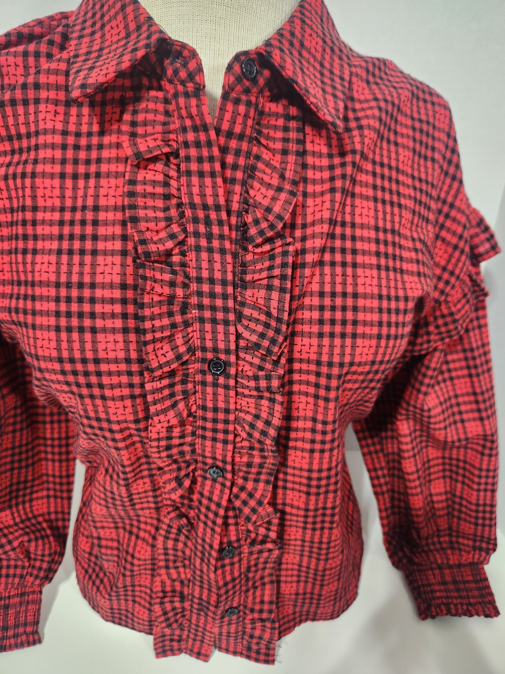 Red Plaid Ruffle Button-Front Women's Shirt - Picture 2 of 8